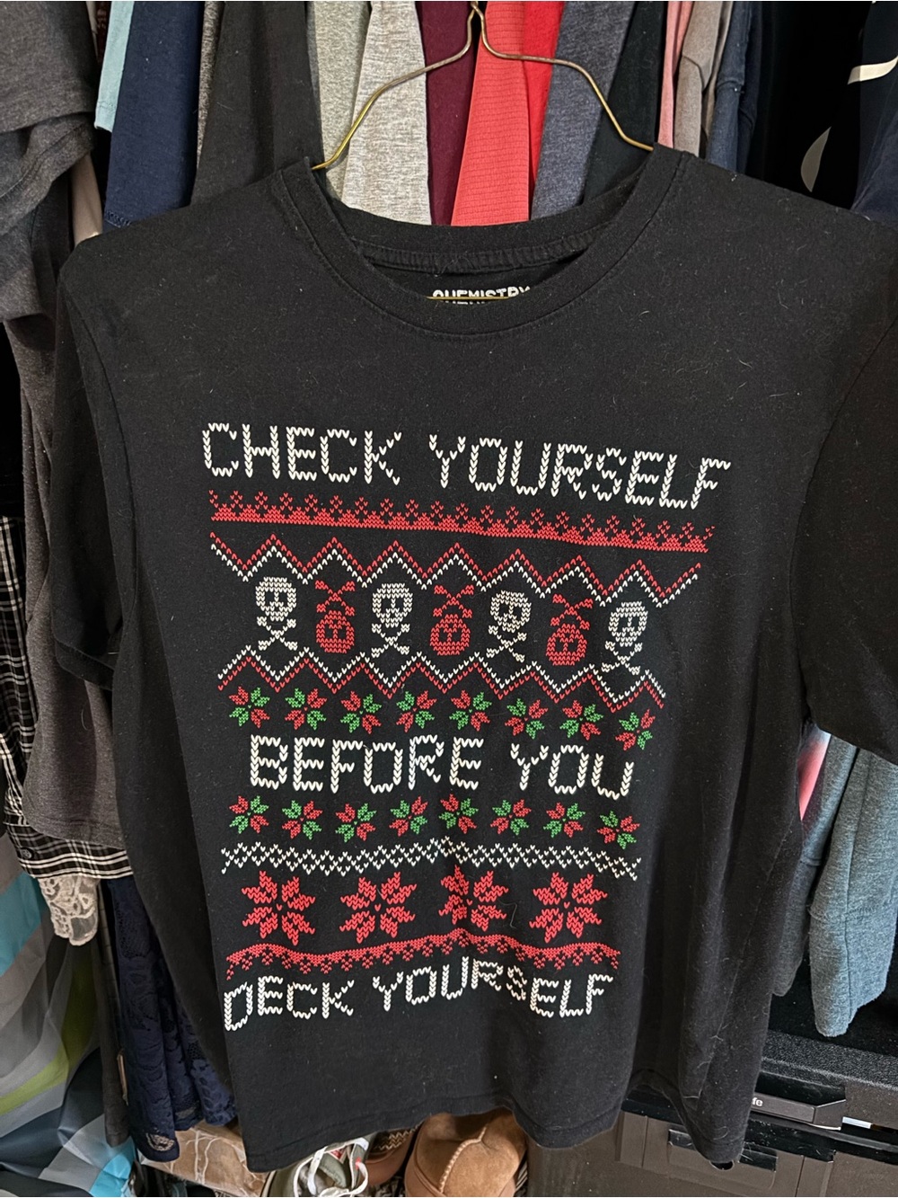 Chemistry Black Crewneck with Festive Red & White Pattern